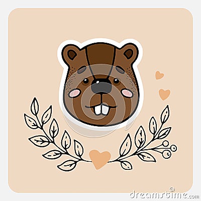 Beaver. Cute funny hand drawn animal with hearts, leaves and branches. Vector Illustration